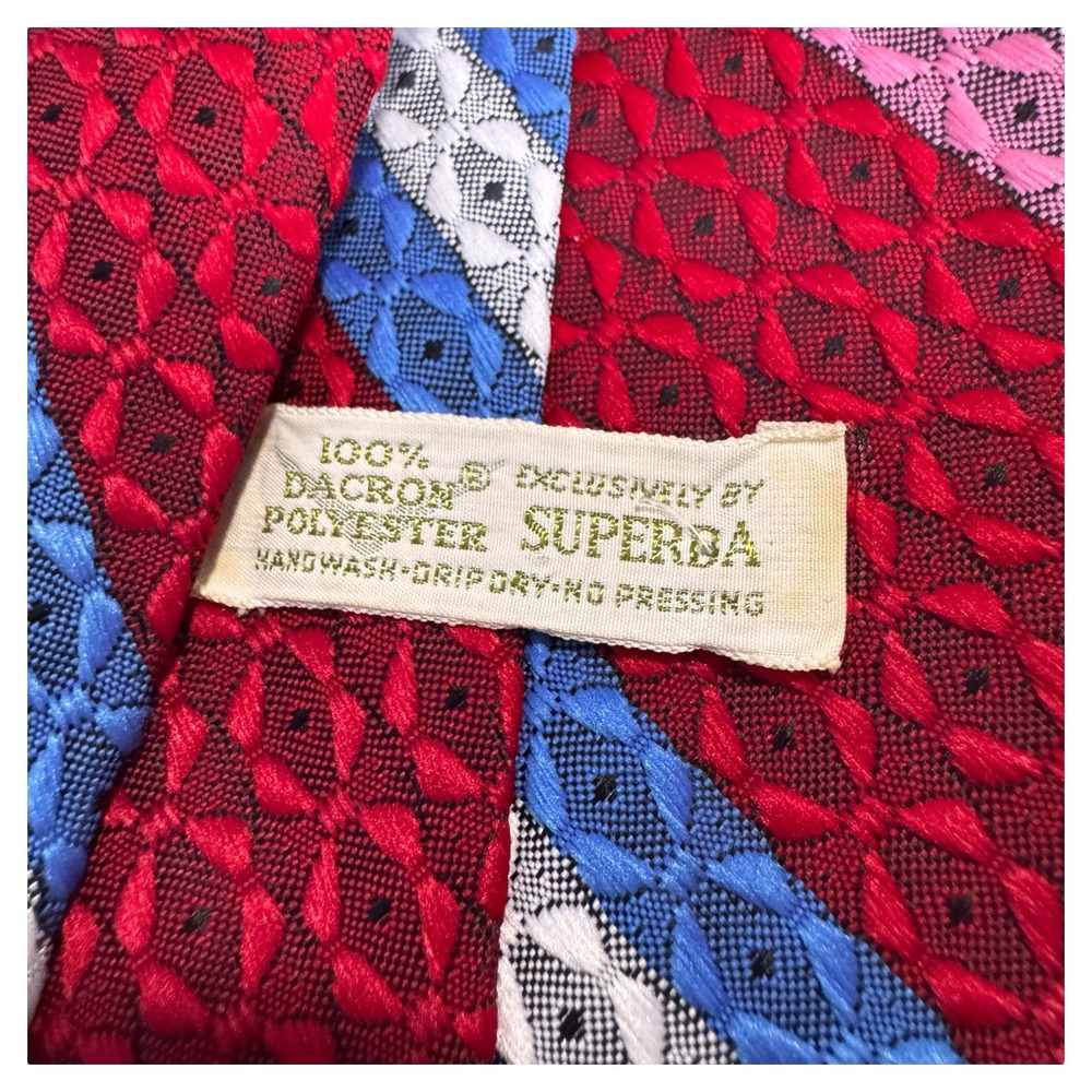 Vintage 70's Superba Necktie 100% Dacron Polyester‎ Red Blue Striped Geometric - Picture 2 of 3